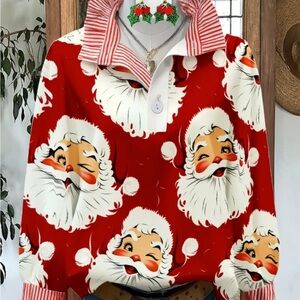Festive Santa Print Red Pullover Blouse